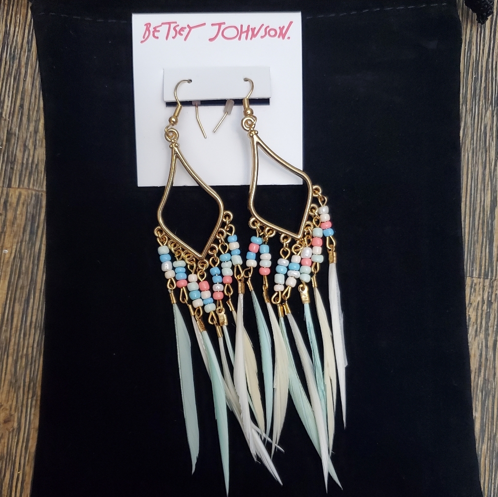 Betsey Johnson Gold Boho Retro Feather Tassel Dangle Bead Earring